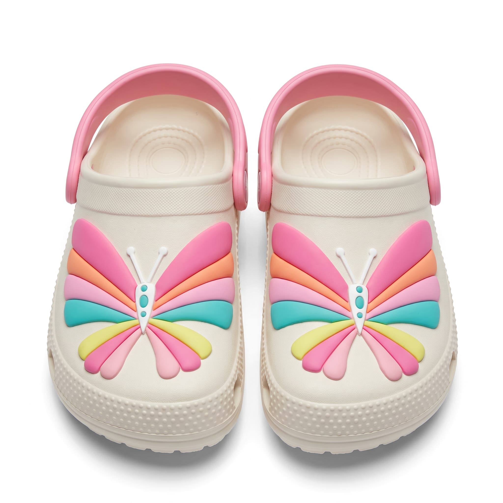 Kids’ Rainbow Butterfly Crocs – Off-White & Pink product photo